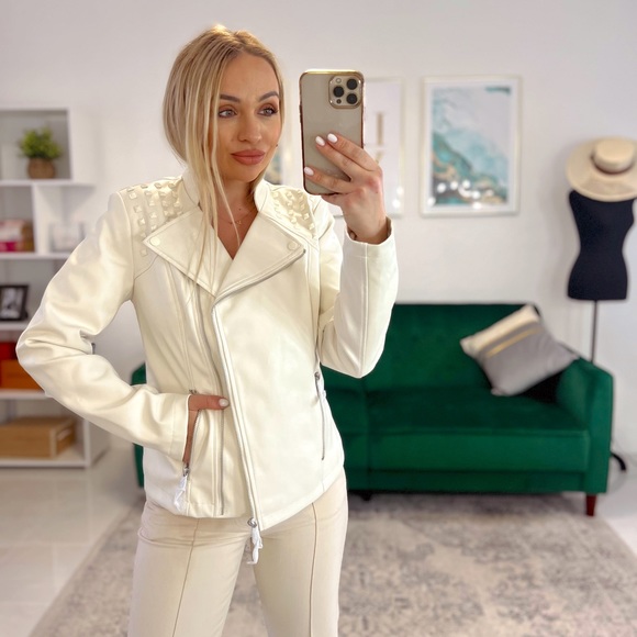 G By Giuliana Faux Leather Studded Ivory Jacket - Picture 2 of 8